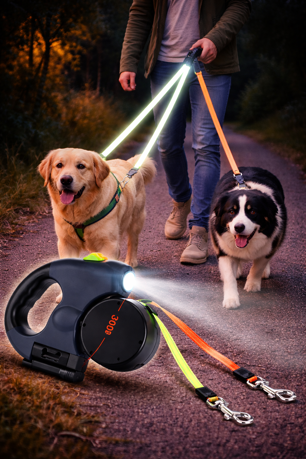 Dual Retractable Dog Leash with Light for Safer Walks