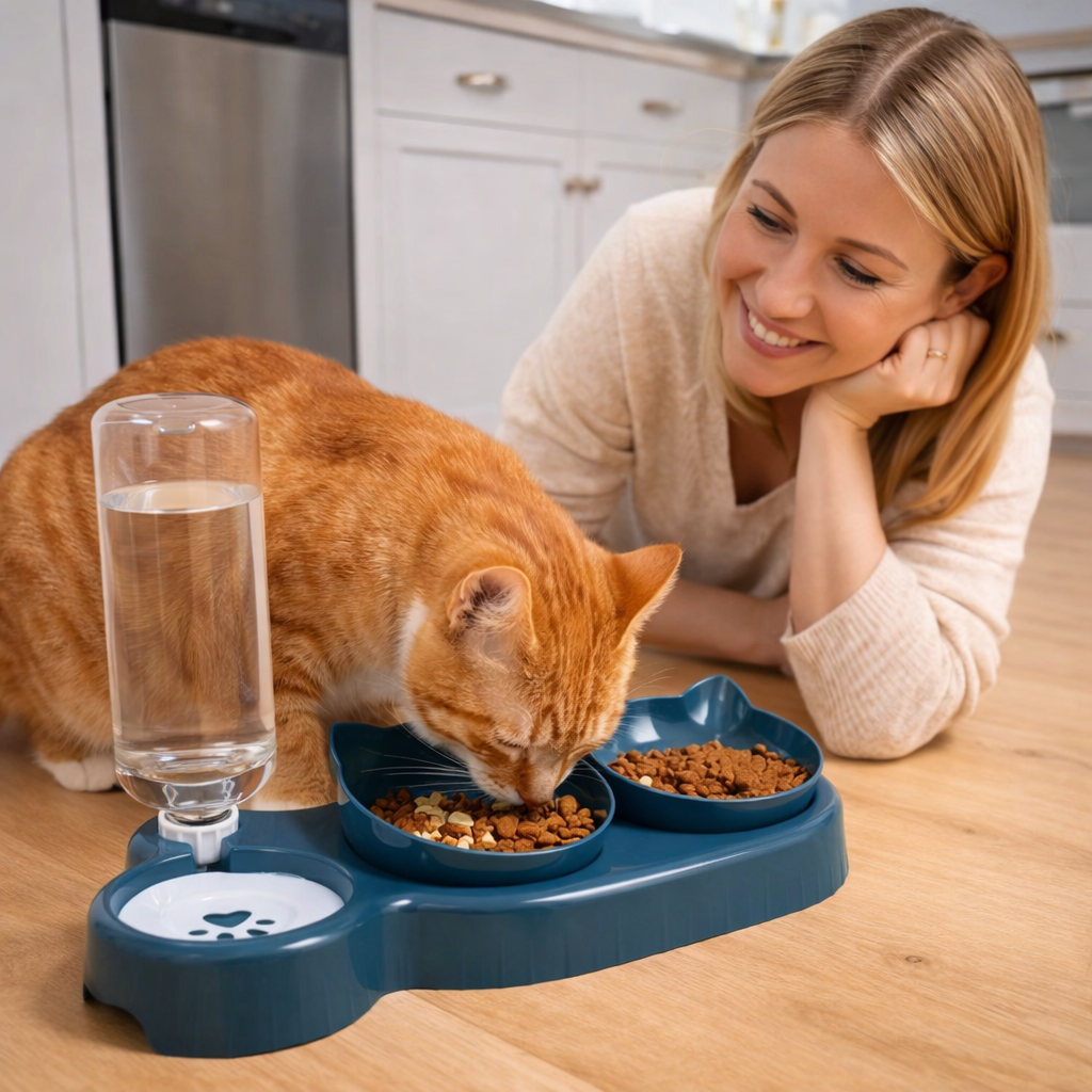 Easy Feeding 3-in-1 Cat Bowl with Water Bottle